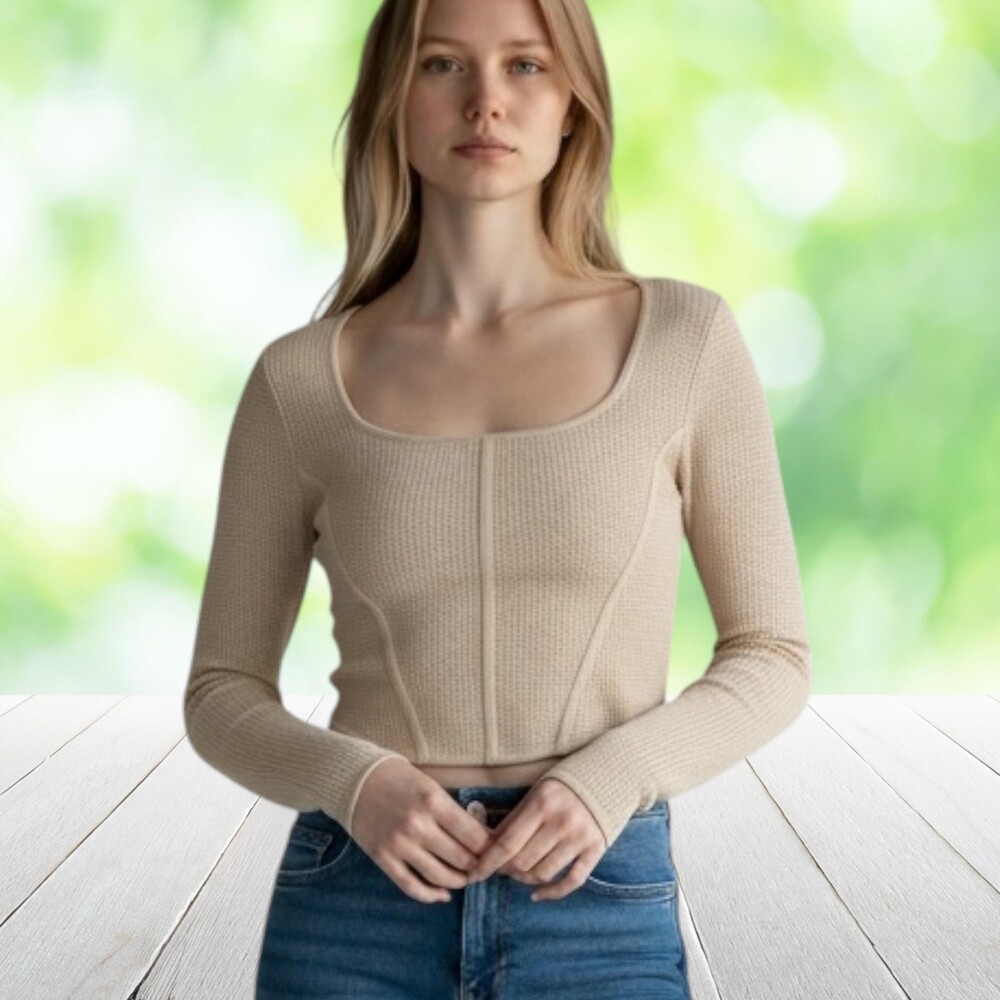 HOUSE OF HARLOW 1960 Corset Sweater Square Neck Cropped Rib Knit Beige Size S